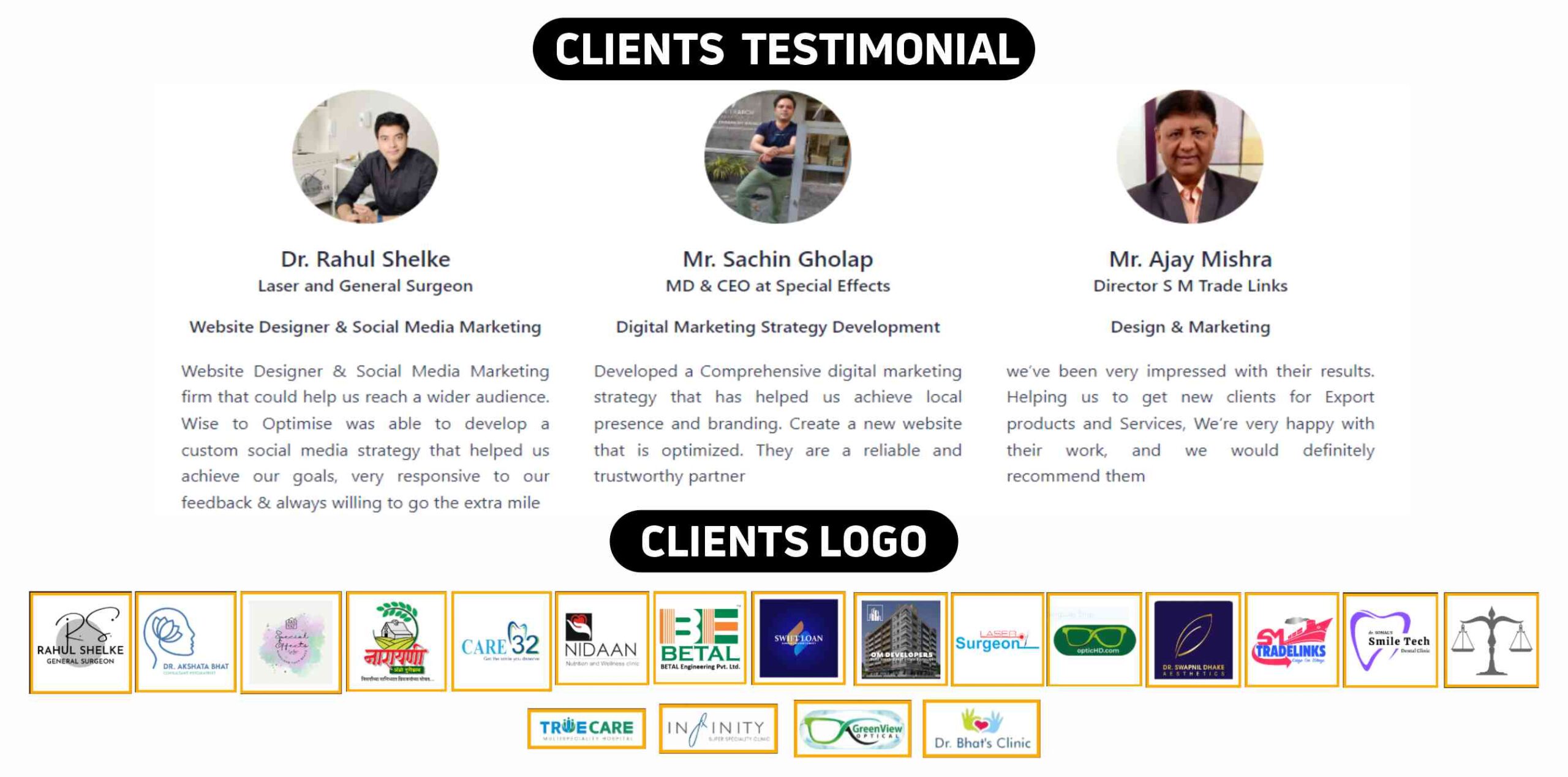 Wise to Optimise Digital Marketing Services Client Testimonial & Logos