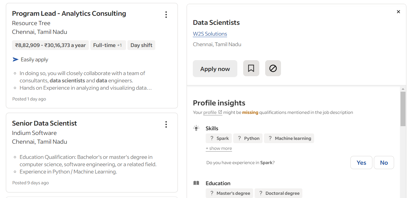 Current Job Opening In Data Science in Chennai